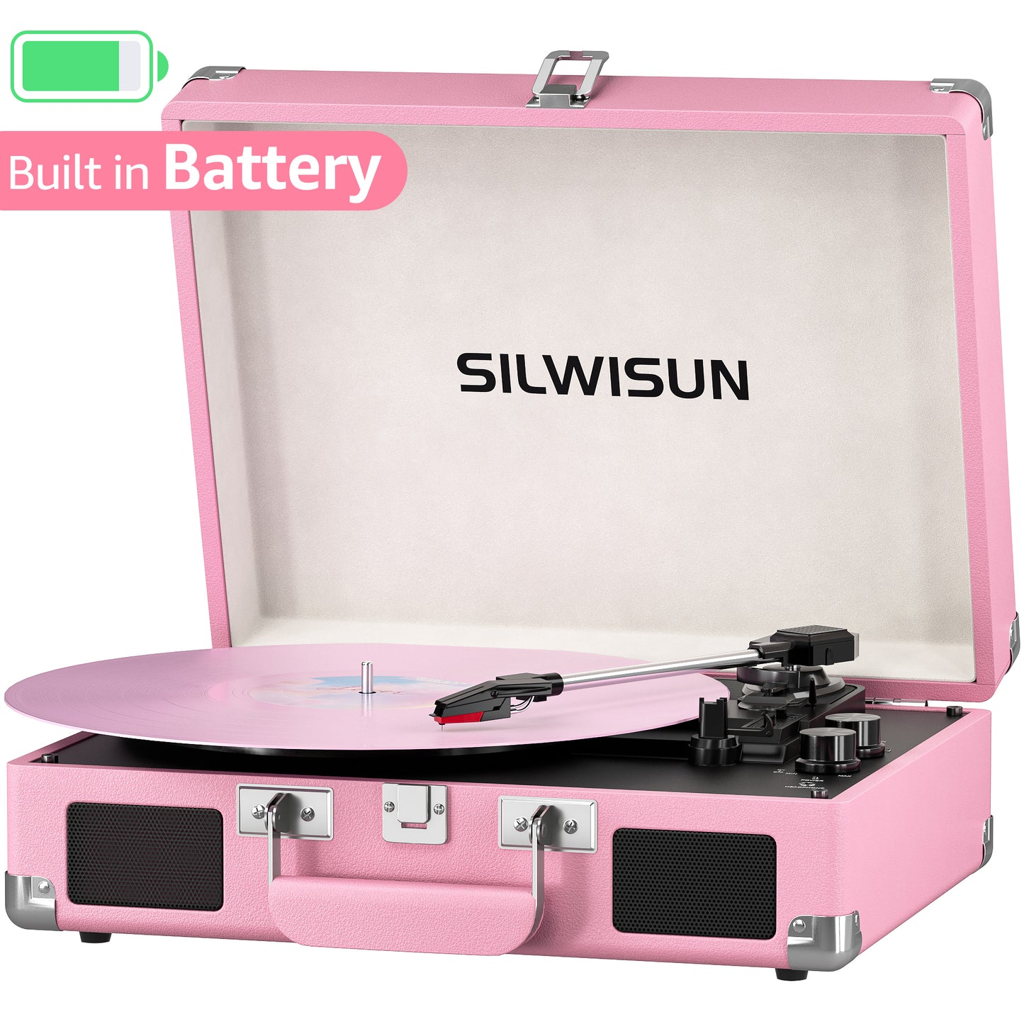 Pink Vinyl Record Player 3 Speeds Portable Suitcase Turntable with Bluetooth, Built-in Speakers Gramophone with Built-in Battery 3.5mm Aux Input/RCA Output