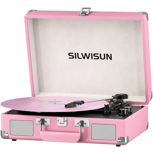 Vinyl Record Player with Bluetooth, Built-in Speakers, Rechargeable Battery, 3-Speed Portable Turntable with Type-C Charging, Vintage Pink Phonograph for Gift