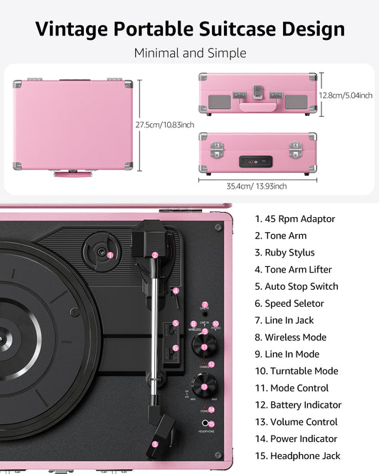 Vinyl Record Player with Bluetooth, Built-in Speakers, Rechargeable Battery, 3-Speed Portable Turntable with Type-C Charging, Vintage Pink Phonograph for Gift