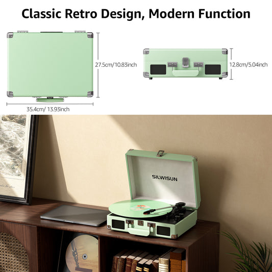 Green Stylish Record Player 3-Speed Portable Suitcase Turntable with Bluetooth, 3.5mm Audio Jack Vinyl Phonograph with Built-in Speakers/Battery 3.5mm Aux-in/RCA Line Out