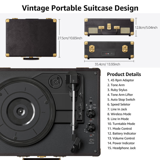 Vinyl Record Player 3 Speed Turntable with Bluetooth, Built in Battery, Portable Suitcase, Built in Speakers, 3.5mm Headphone Jack Aux in/RCA Out Pink for Home Decoration Gift