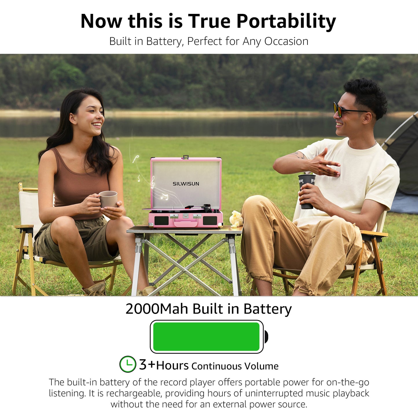 Pink Vinyl Record Player 3 Speeds Portable Suitcase Turntable with Bluetooth, Built-in Speakers Gramophone with Built-in Battery 3.5mm Aux Input/RCA Output