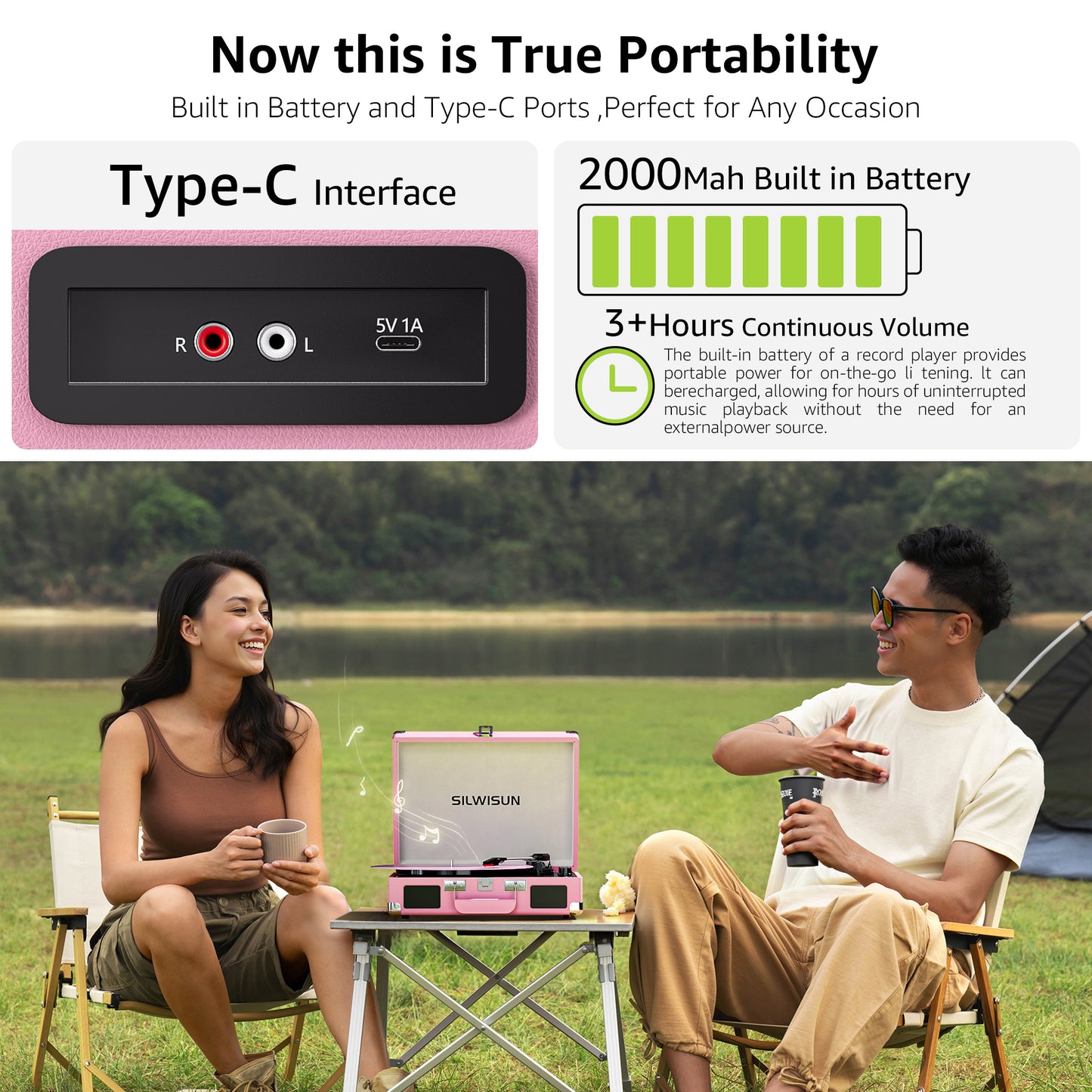 Pink Vinyl Record Player 3 Speeds Portable Suitcase Turntable with Bluetooth, Built-in Speakers Gramophone with Built-in Battery 3.5mm Aux Input/RCA Output