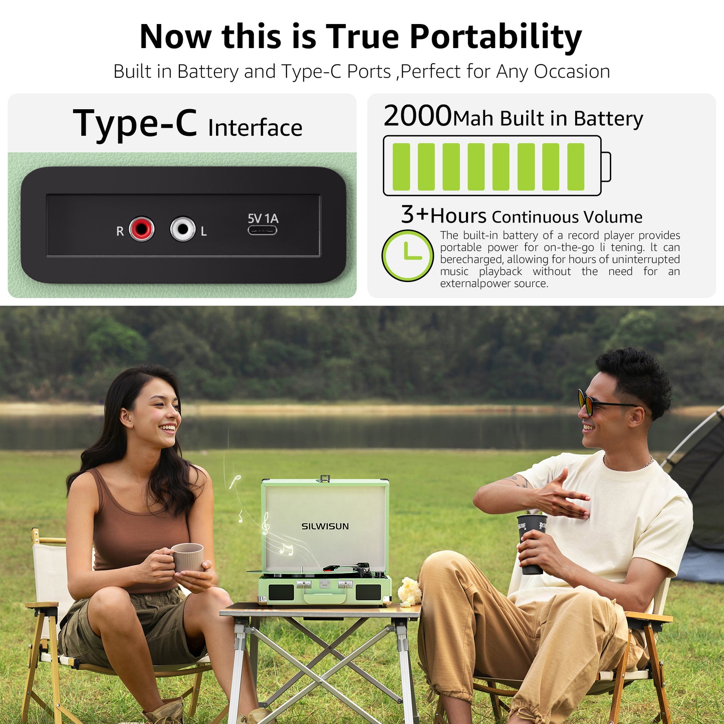 Green Stylish Record Player 3-Speed Portable Suitcase Turntable with Bluetooth, 3.5mm Audio Jack Vinyl Phonograph with Built-in Speakers/Battery 3.5mm Aux-in/RCA Line Out