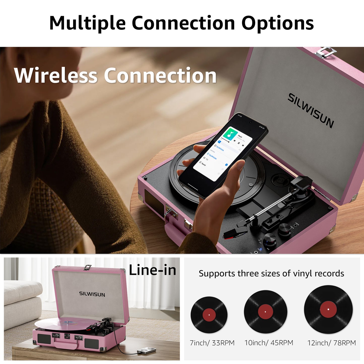 Pink Vinyl Record Player 3 Speeds Portable Suitcase Turntable with Bluetooth, Built-in Speakers Gramophone with Built-in Battery 3.5mm Aux Input/RCA Output
