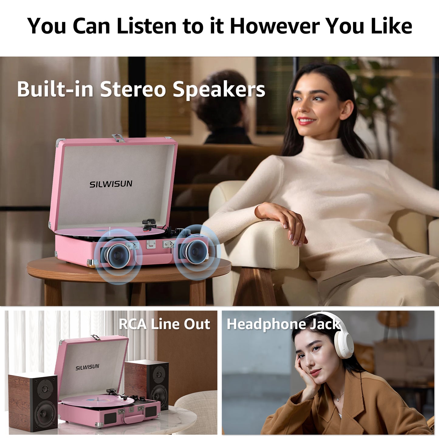 Pink Vinyl Record Player 3 Speeds Portable Suitcase Turntable with Bluetooth, Built-in Speakers Gramophone with Built-in Battery 3.5mm Aux Input/RCA Output