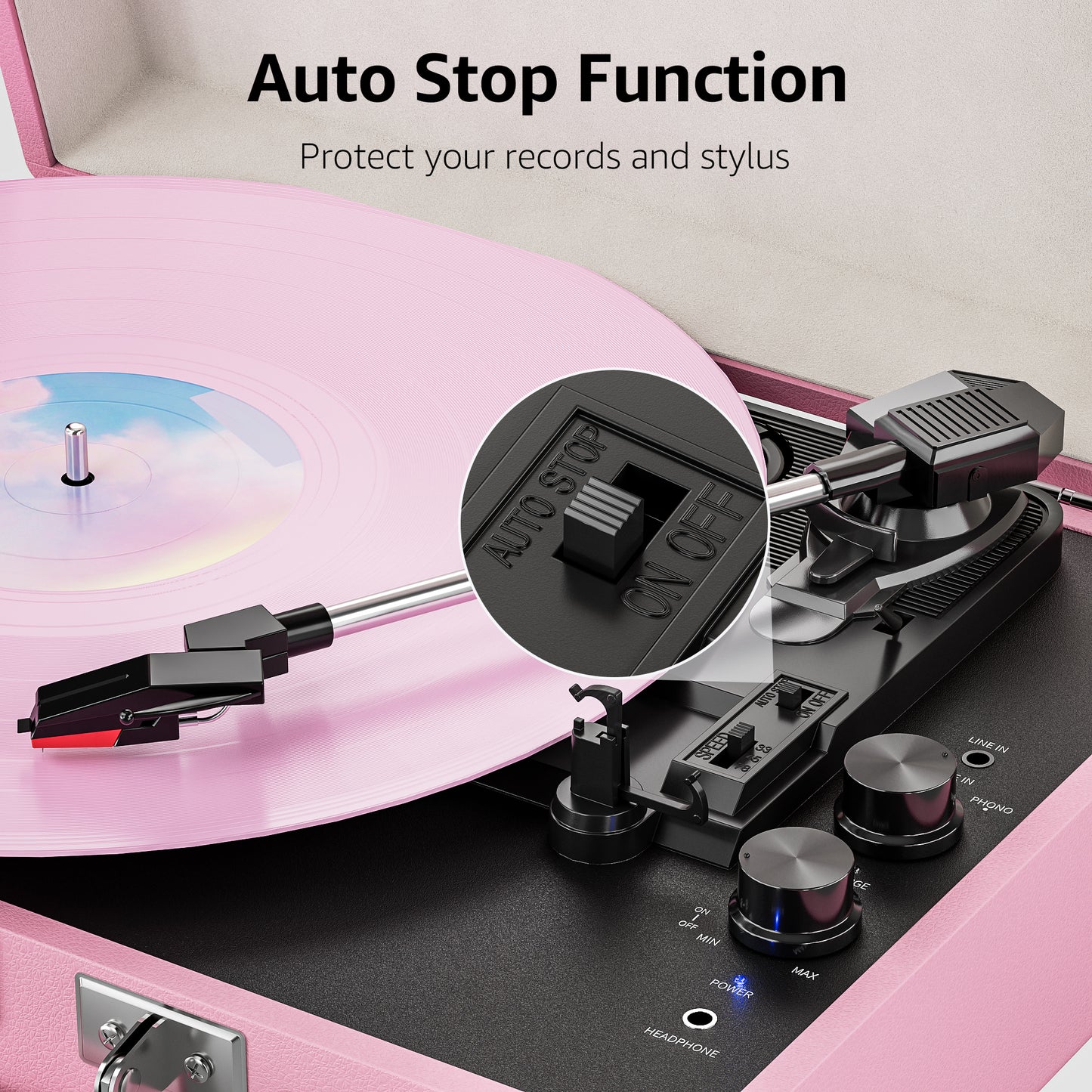 Pink Vinyl Record Player 3 Speeds Portable Suitcase Turntable with Bluetooth, Built-in Speakers Gramophone with Built-in Battery 3.5mm Aux Input/RCA Output