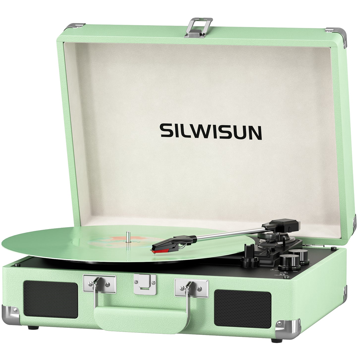 Green Stylish Record Player 3-Speed Portable Suitcase Turntable with Bluetooth, 3.5mm Audio Jack Vinyl Phonograph with Built-in Speakers/Battery 3.5mm Aux-in/RCA Line Out