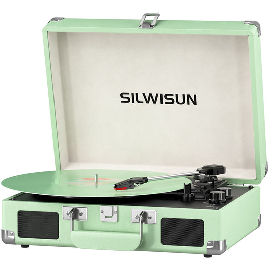 Green Stylish Record Player 3-Speed Portable Suitcase Turntable with Bluetooth, 3.5mm Audio Jack Vinyl Phonograph with Built-in Speakers/Battery 3.5mm Aux-in/RCA Line Out