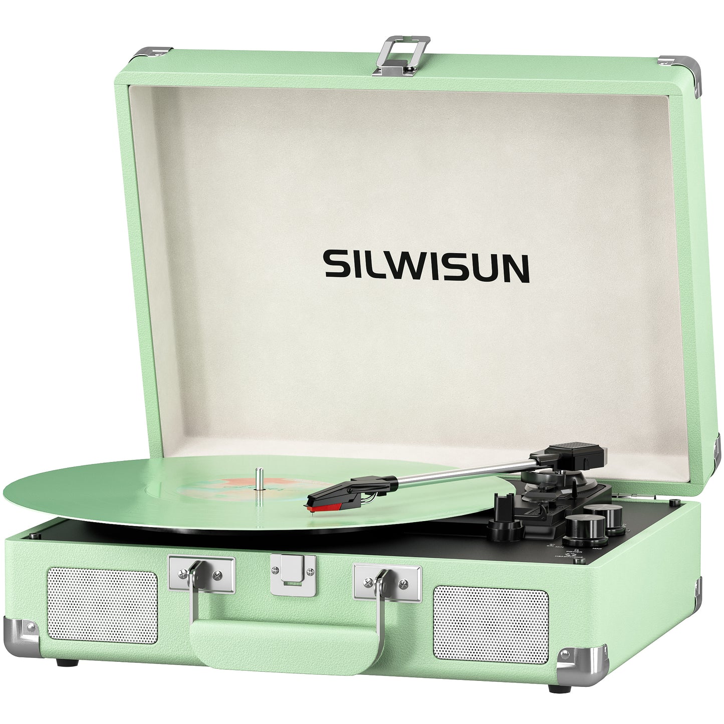 Vinyl Record Player 3 Speed Turntable with Bluetooth, Built in Battery, Portable Suitcase, Built in Speakers, 3.5mm Headphone Jack Aux in/RCA Out Green for Home Decoration Gift