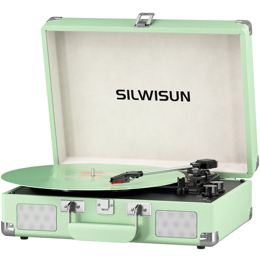 Vinyl Record Player 3 Speed Turntable with Bluetooth, Built in Battery, Portable Suitcase, Built in Speakers, 3.5mm Headphone Jack Aux in/RCA Out Green for Home Decoration Gift