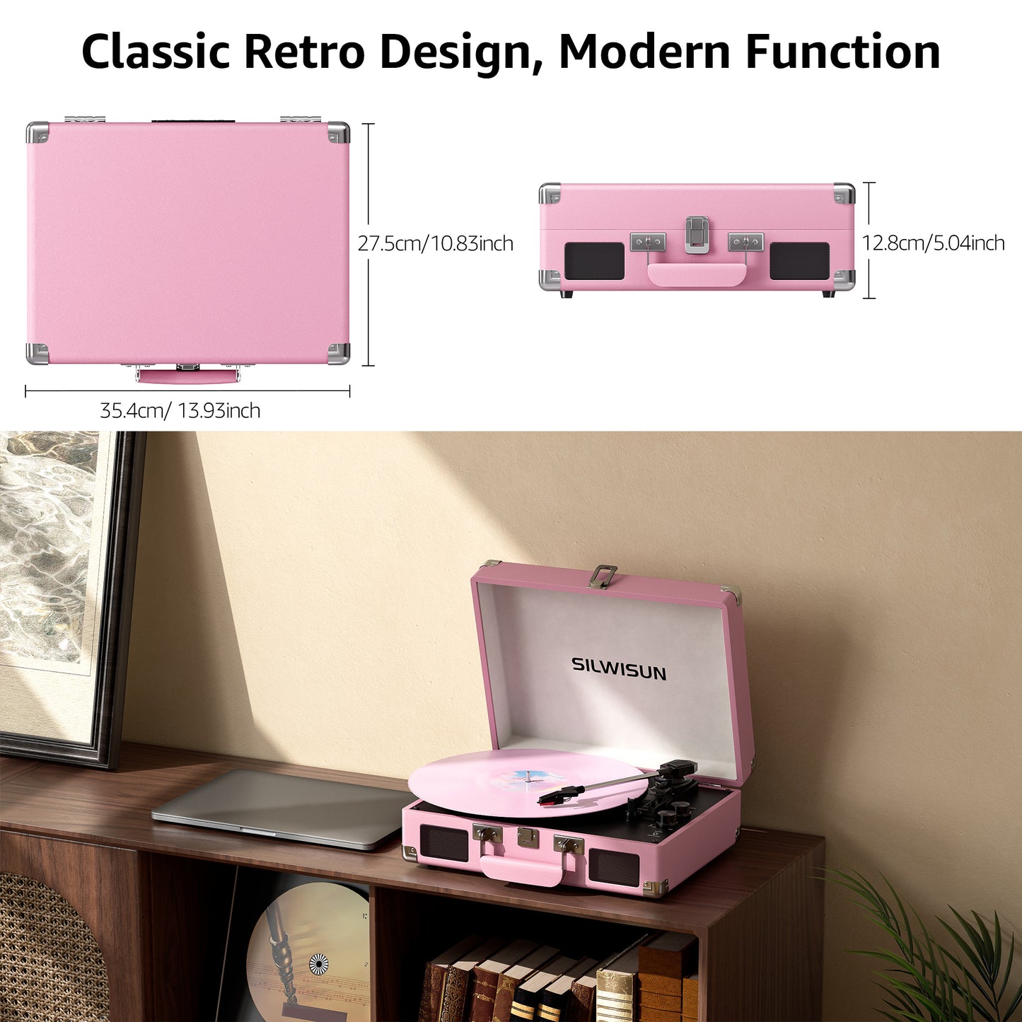Pink Vinyl Record Player 3 Speeds Portable Suitcase Turntable with Bluetooth, Built-in Speakers Gramophone with Built-in Battery 3.5mm Aux Input/RCA Output