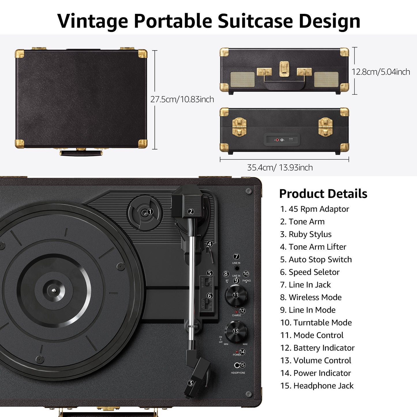 Vinyl Record Player 3 Speed Turntable with Bluetooth, Built in Battery, Portable Suitcase, Built in Speakers, 3.5mm Headphone Jack Aux in/RCA Out Pink for Home Decoration Gift