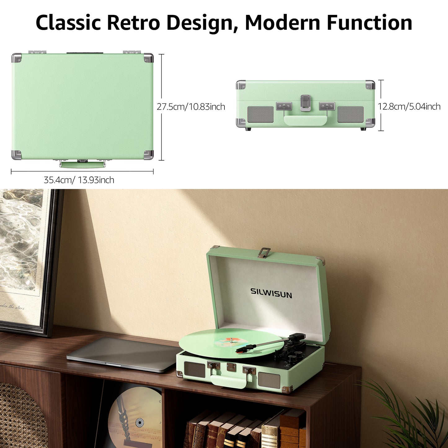 Vinyl Record Player 3 Speed Turntable with Bluetooth, Built in Battery, Portable Suitcase, Built in Speakers, 3.5mm Headphone Jack Aux in/RCA Out Green for Home Decoration Gift