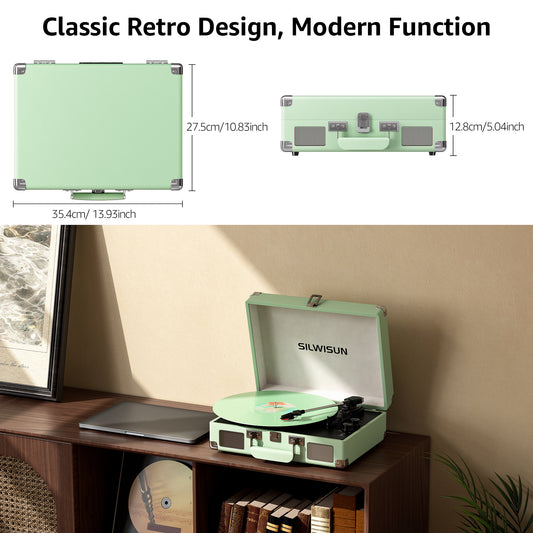 Vinyl Record Player 3 Speed Turntable with Bluetooth, Built in Battery, Portable Suitcase, Built in Speakers, 3.5mm Headphone Jack Aux in/RCA Out Green for Home Decoration Gift