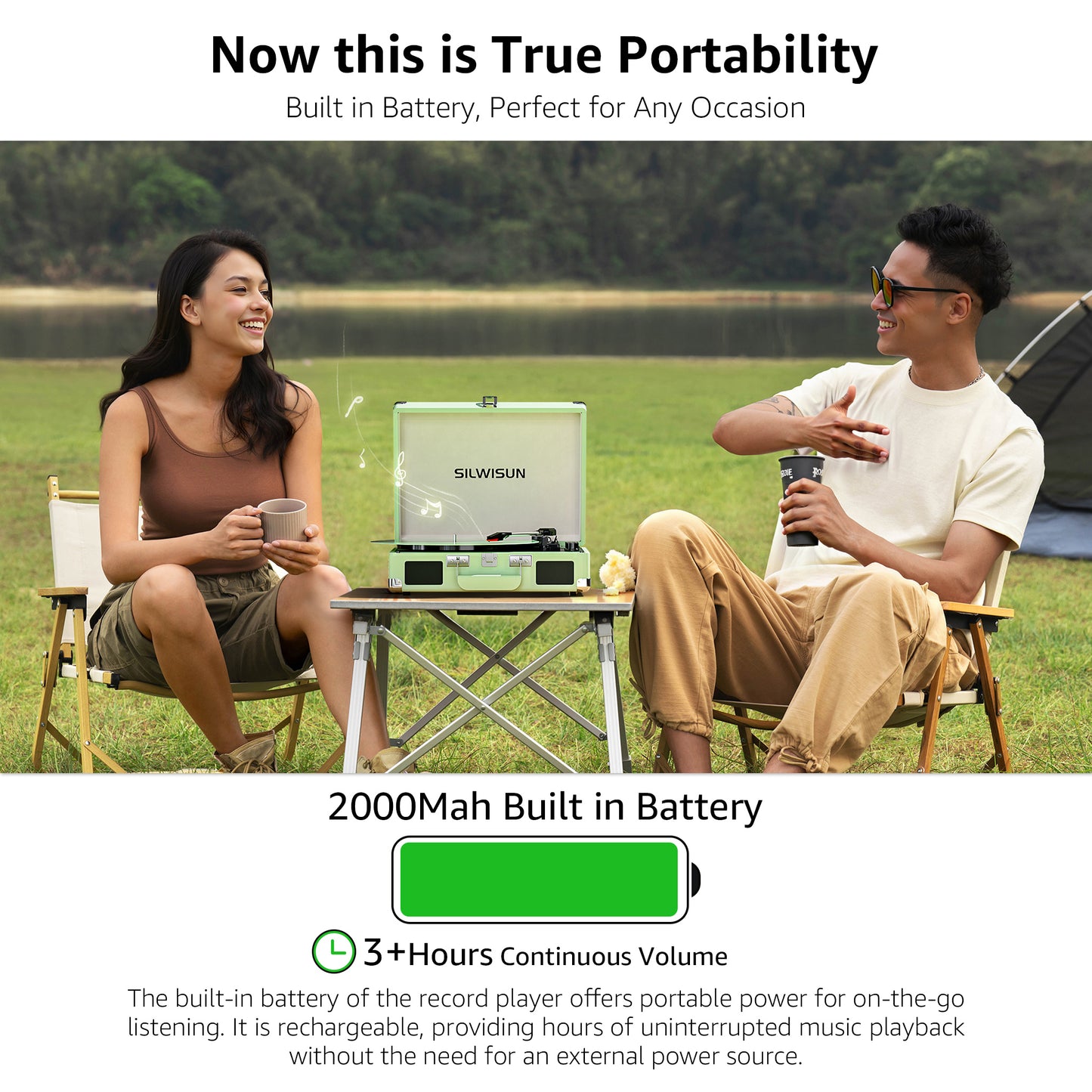 Green Stylish Record Player 3-Speed Portable Suitcase Turntable with Bluetooth, 3.5mm Audio Jack Vinyl Phonograph with Built-in Speakers/Battery 3.5mm Aux-in/RCA Line Out