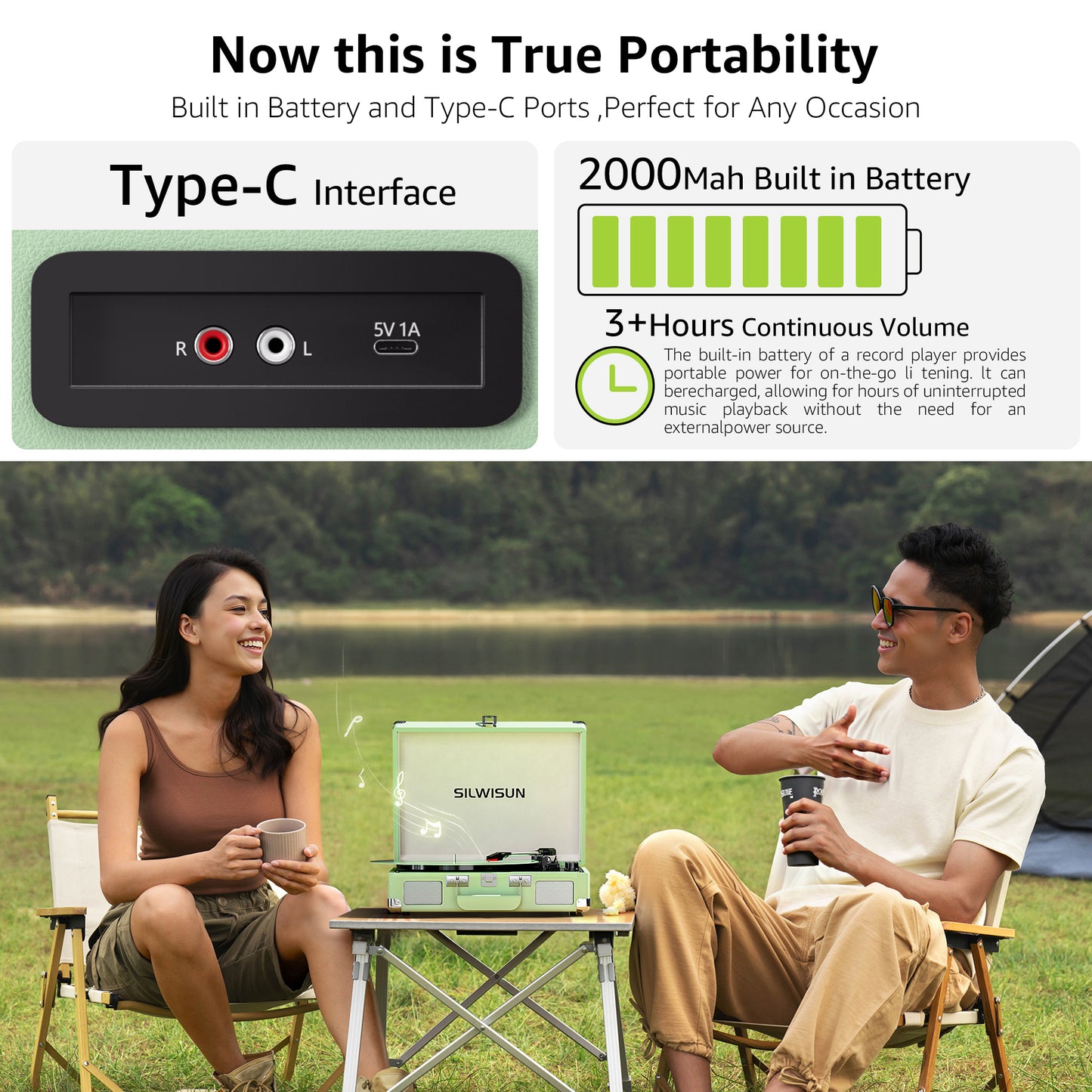 Vinyl Record Player 3 Speed Turntable with Bluetooth, Built in Battery, Portable Suitcase, Built in Speakers, 3.5mm Headphone Jack Aux in/RCA Out Green for Home Decoration Gift