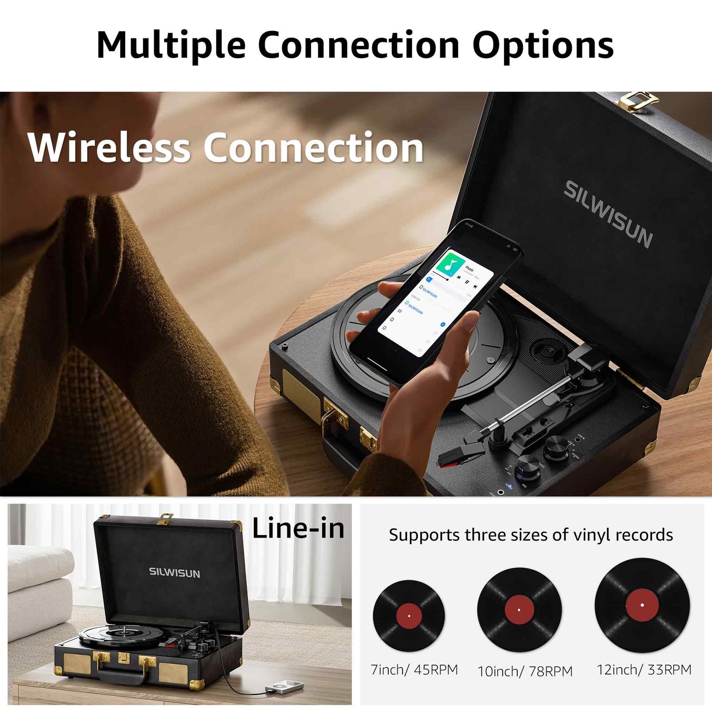 Vinyl Record Player 3 Speed Turntable with Bluetooth, Built in Battery, Portable Suitcase, Built in Speakers, 3.5mm Headphone Jack Aux in/RCA Out Pink for Home Decoration Gift