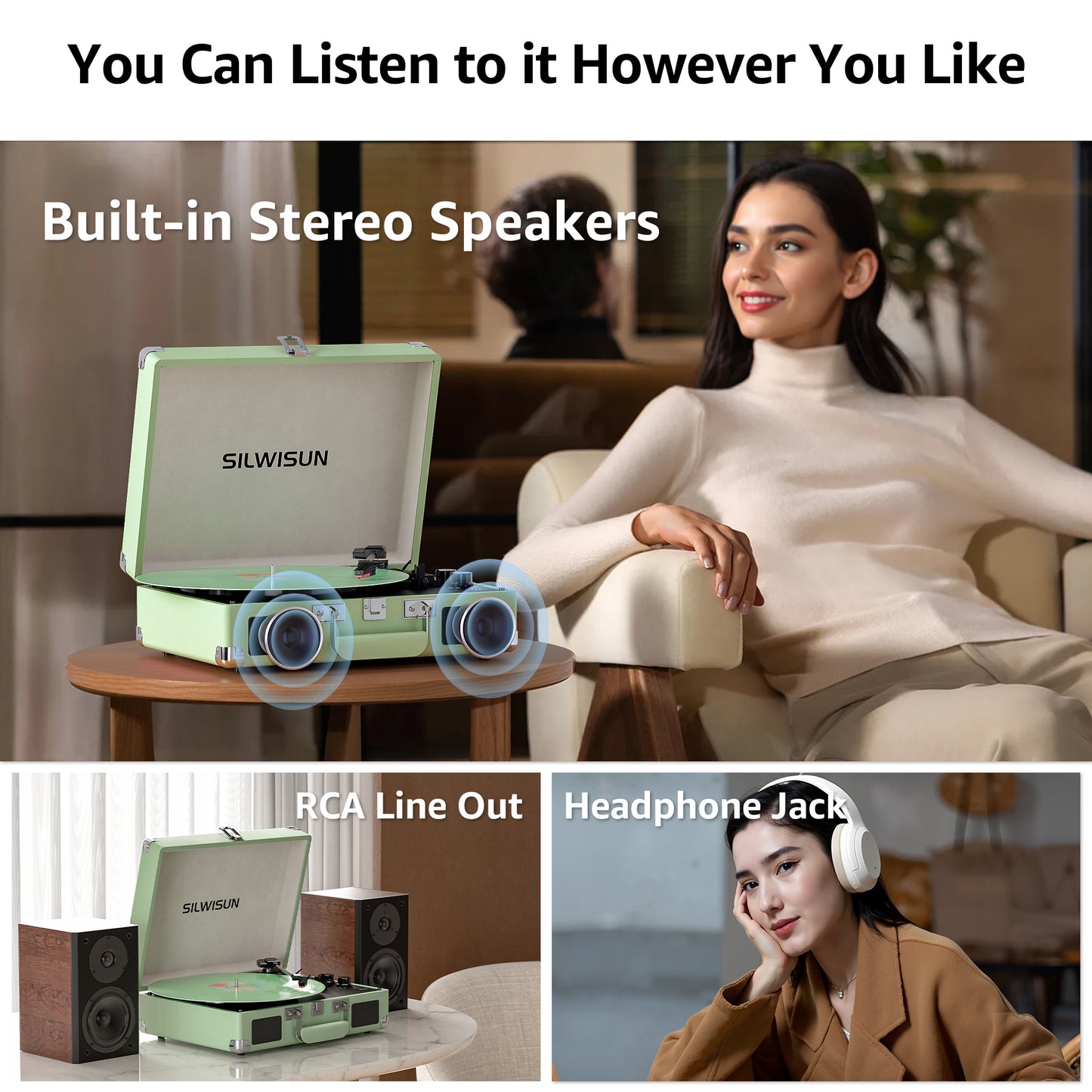 Green Stylish Record Player 3-Speed Portable Suitcase Turntable with Bluetooth, 3.5mm Audio Jack Vinyl Phonograph with Built-in Speakers/Battery 3.5mm Aux-in/RCA Line Out