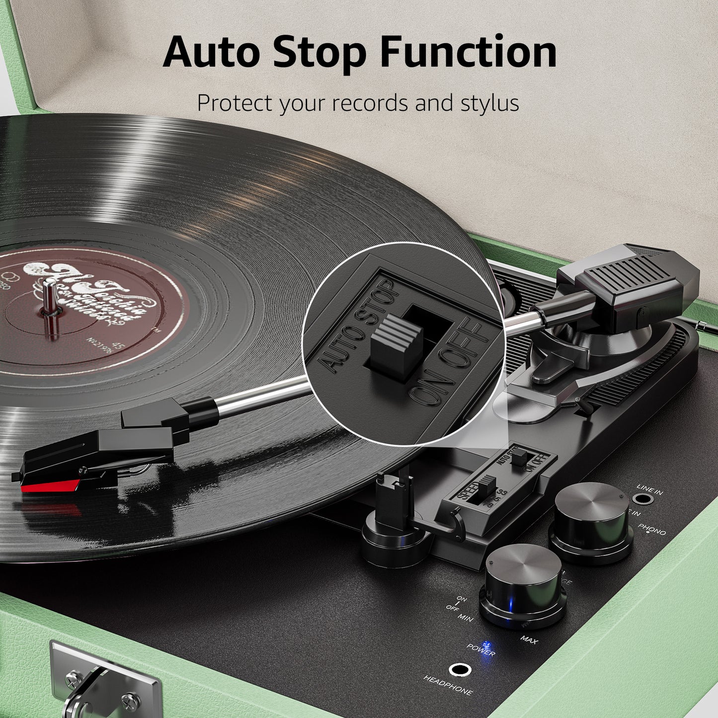 Green Stylish Record Player 3-Speed Portable Suitcase Turntable with Bluetooth, 3.5mm Audio Jack Vinyl Phonograph with Built-in Speakers/Battery 3.5mm Aux-in/RCA Line Out