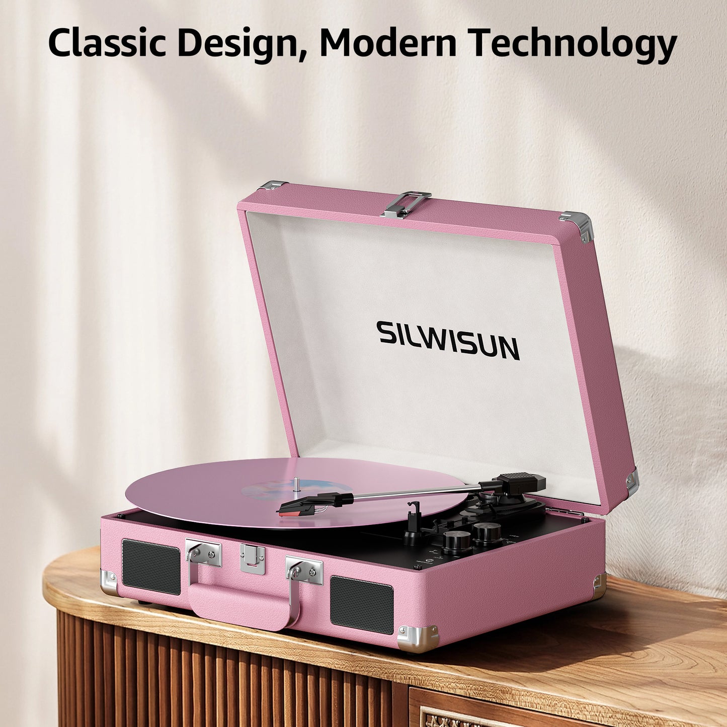 Pink Vinyl Record Player 3 Speeds Portable Suitcase Turntable with Bluetooth, Built-in Speakers Gramophone with Built-in Battery 3.5mm Aux Input/RCA Output