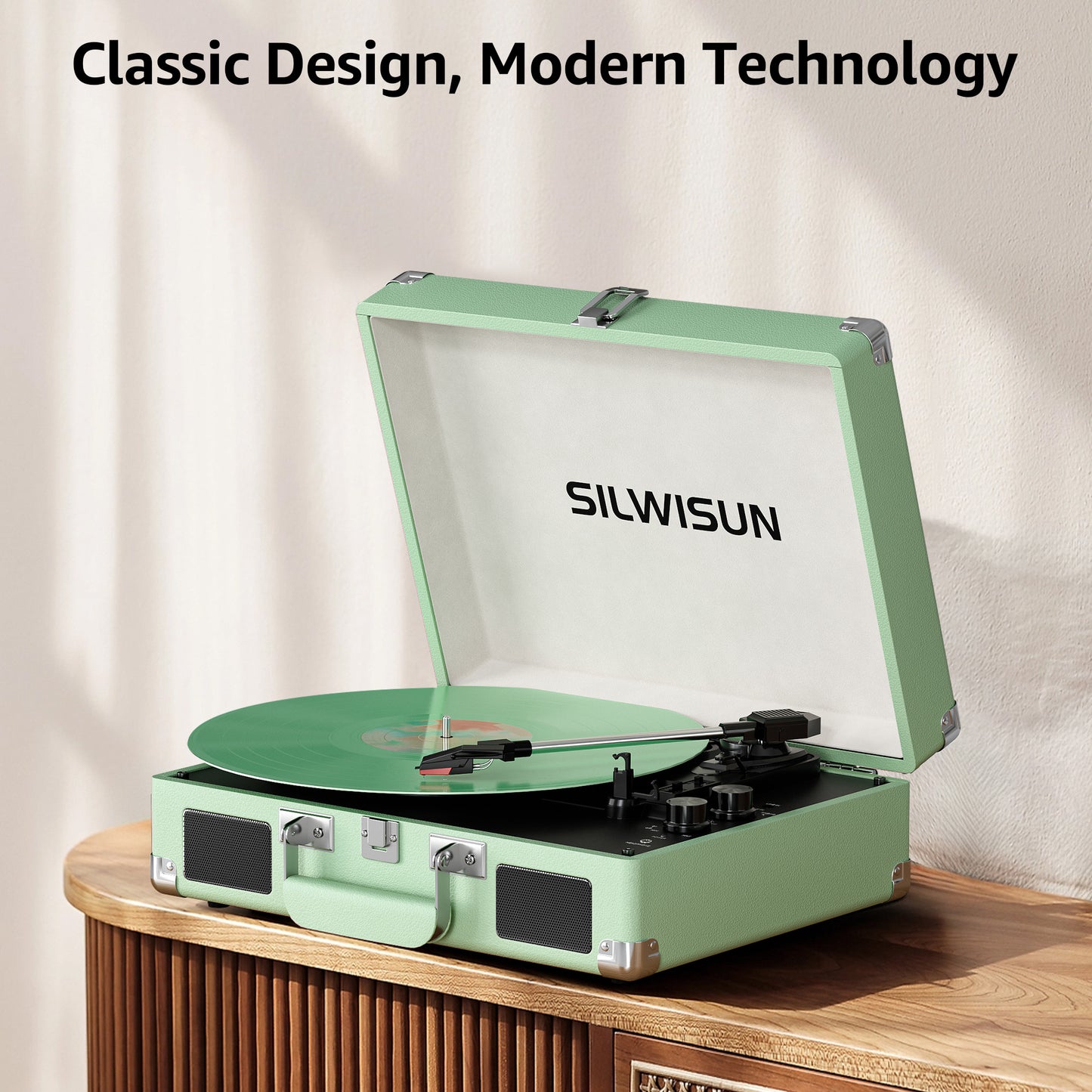 Green Stylish Record Player 3-Speed Portable Suitcase Turntable with Bluetooth, 3.5mm Audio Jack Vinyl Phonograph with Built-in Speakers/Battery 3.5mm Aux-in/RCA Line Out
