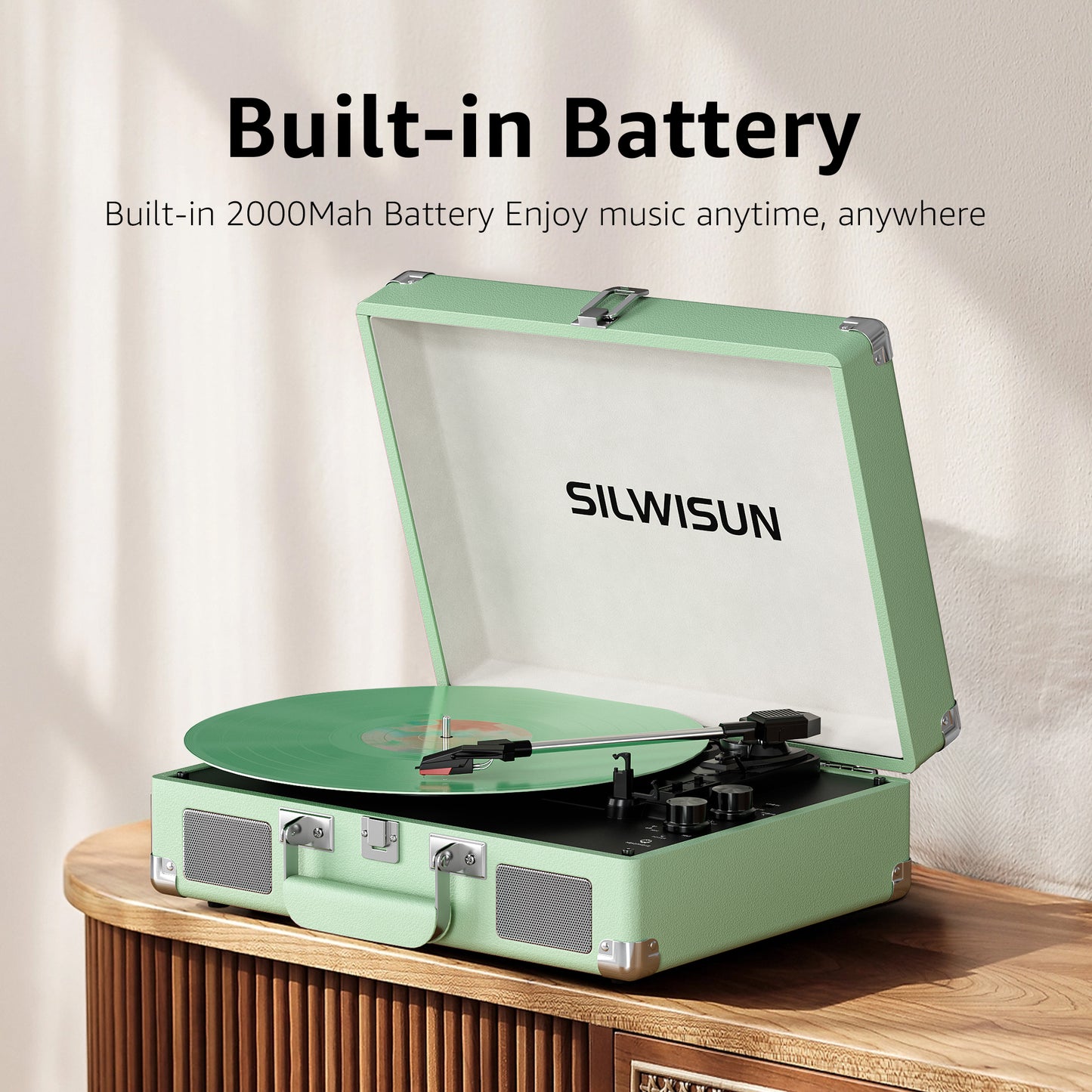 Vinyl Record Player 3 Speed Turntable with Bluetooth, Built in Battery, Portable Suitcase, Built in Speakers, 3.5mm Headphone Jack Aux in/RCA Out Green for Home Decoration Gift