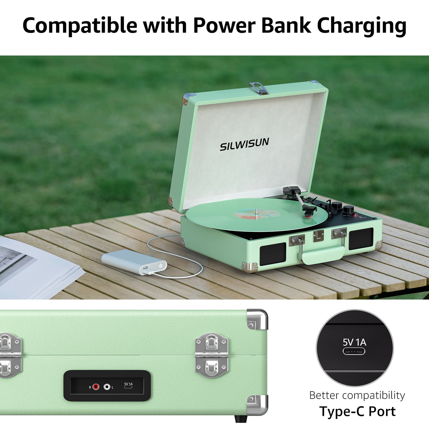 Green Stylish Record Player 3-Speed Portable Suitcase Turntable with Bluetooth, 3.5mm Audio Jack Vinyl Phonograph with Built-in Speakers/Battery 3.5mm Aux-in/RCA Line Out